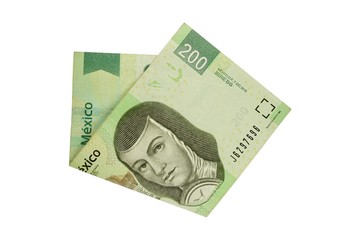 A single middle folded 200 mexican peso bill isolated on white background