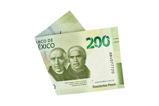 A single middle folded 200 mexican peso bill isolated on white background