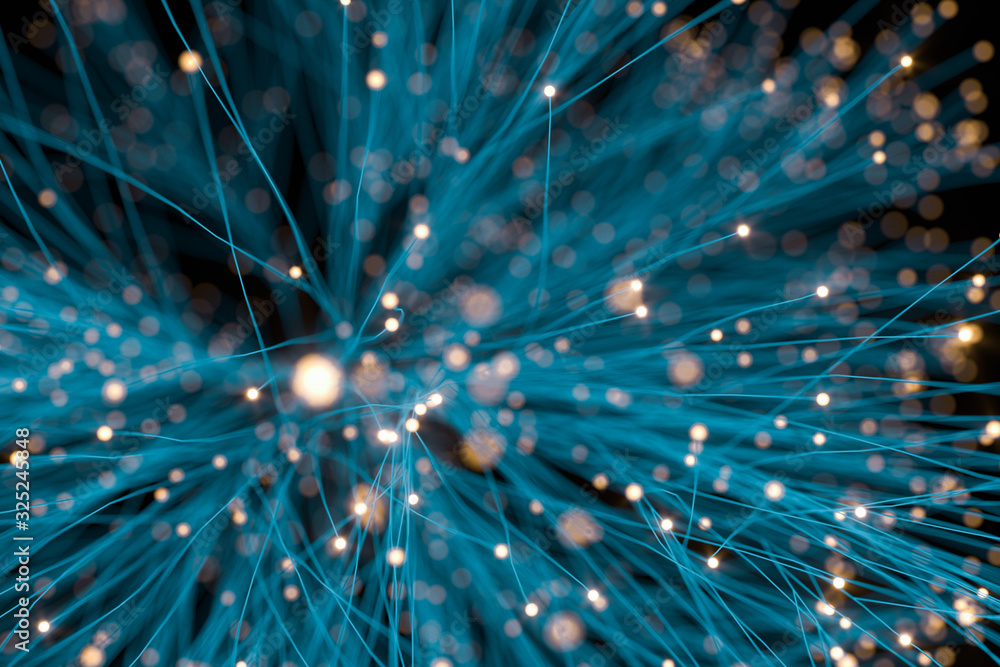 Poster glowing particles and lines with dark background,3d rendering.