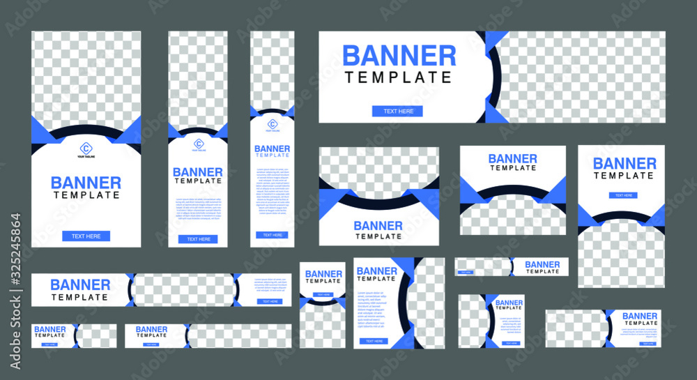 Poster set of creative web banners of standard size with a place for photos. Business ad banner. Vertical, horizontal and square template. vector illustration EPS 10