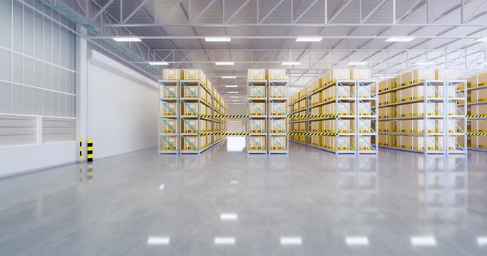 Warehouse or industry building interior. known as distribution center, retail warehouse. Part of storage and shipping system. Included box on shelf in perspective view and concrete floor. 3d render.