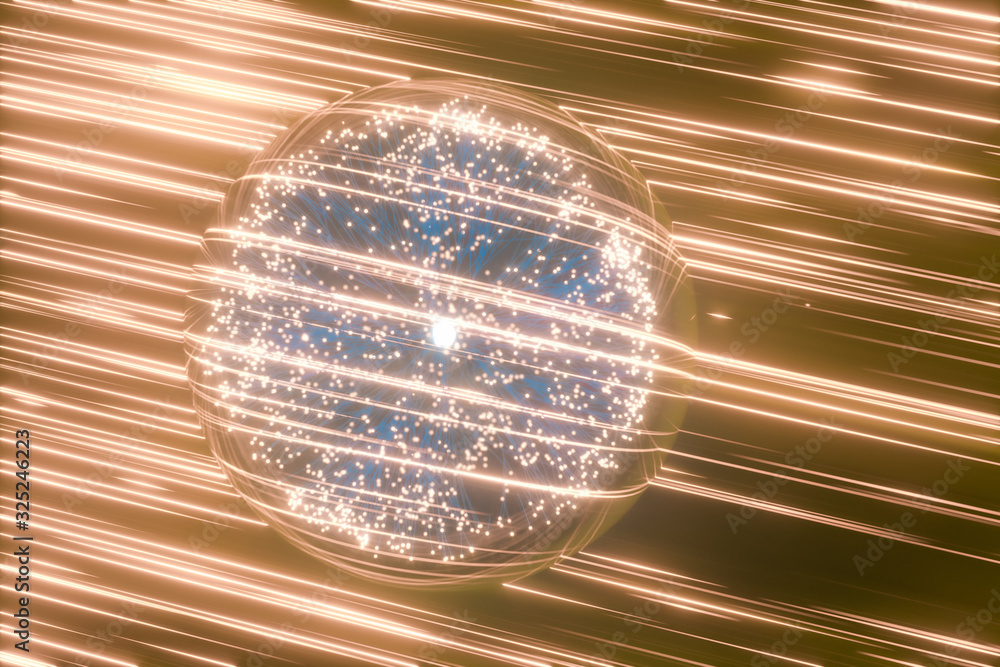 Poster glowing particles and lines with dark background,3d rendering.