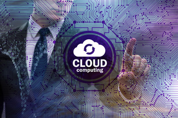 Cloud computing concept with woman pressing buttons