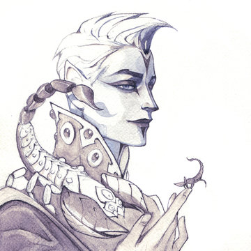 Digital original illustration of a zodiac character, Scorpio, as a fantasy style portrait of a handsome man 