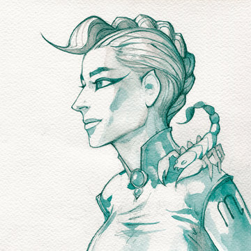 Original illustration of a zodiac character, Scorpio, as a fantasy style portrait of a beautiful alien woman holding a little scorpion on her shoulder 