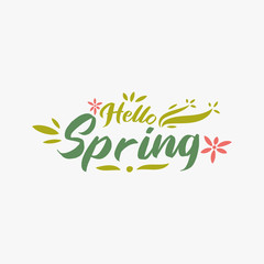 Fototapeta na wymiar Hello spring greeting text in lettering style with leaves.