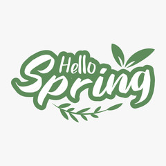 Hello spring greeting text in lettering style with leaves.