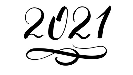 Handwritten by brush number of New year 2021 with flourish. Hand drawn ink lettering isolated on white. Vector illustration