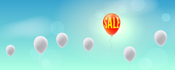 Business concept for sales actions. Inflatable balloons hover in line in blue sky. Creative view of situations for innovative solution. Vector 3d illustration