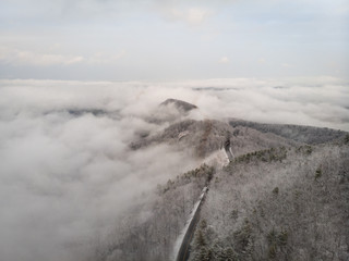 Aerial View of Winding North Carolina Mountain Road in the Snow