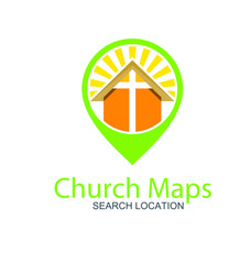 Church and map pointer logo design. Church and gps locator symbol or icon.
