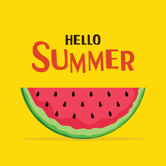 Hello summer poster with watermelon on a yellow background. Beautiful poster.