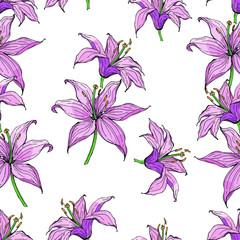 Seamless floral pattern with hand-drawn lilies, monochrome and pink. Endless texture for your design, romantic greeting cards, advertising, fabrics