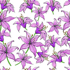 Seamless floral pattern with hand-drawn lilies, monochrome and pink. Endless texture for your design, romantic greeting cards, advertising, fabrics