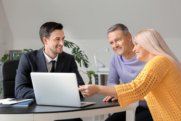 Male real estate agent working with mature couple in office