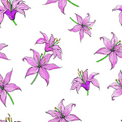 Fototapeta na wymiar Seamless floral pattern with hand-drawn lilies, monochrome and pink. Endless texture for your design, romantic greeting cards, advertising, fabrics