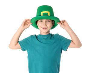 Funny little boy on white background. St. Patrick's Day celebration
