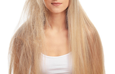 Naklejka premium Beautiful young woman before and after hair treatment on white background