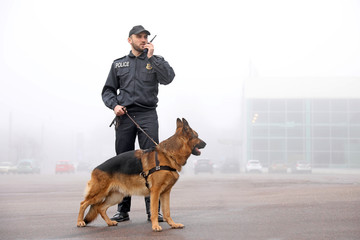 Male police officer with dog patrolling city street
