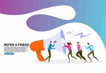 people shout on megaphone with Refer a friend word concept vector illustration with character hand shake, landing page, template, ui, web, mobile app, poster, banner, flyer