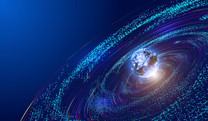 3D earth, lines, particle universe vortex, network big data background. © hqrloveq