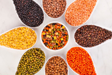 Bowls of various lentils in the shape of flower on a marble background.