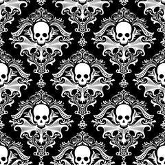 Gothic Skulls damask style black and white seamless pattern - 325266280