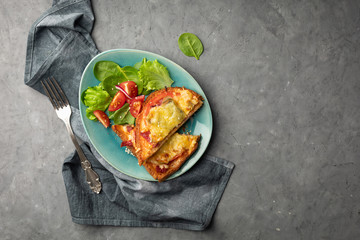 Sandwiches with tomato, cheese and herbs on a plate. View from above.