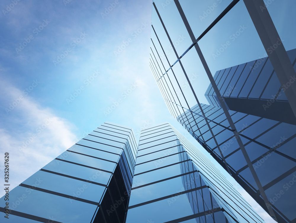 Aufkleber view of high rise glass office building on blue sky background,business concept of future architectu