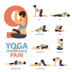 Infographic of 9 Yoga poses for upper back pains in flat design. Beauty woman is doing exercise for body stretching. Set of yoga sequence Infographic. Yoga Cartoon Vector art and Illustration.