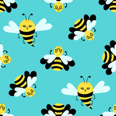 Flying Bee Cartoon. Seamless pattern on blue. Cute insects for wallpaper, fabric and other