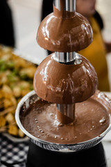 chocolate fountain catering machine with fruit skewers on buffet table