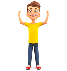 Cheerful cartoon character guy on a white background celebrates victory. 3d render illustration.