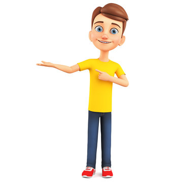 Cheerful cartoon character guy on a white background points to an empty hand. 3d render illustration.