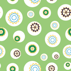Tinkering cogs and gears bouncing about in circles on green background seamless repeat vector pattern design