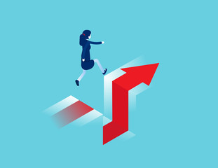 Business jumps over a cliff. Edge of gap concept. Isometric vector cartoon style