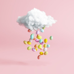 Cloud with Easter eggs rain on pastel pink background. Creative idea. Minimal concept. 3d rendering