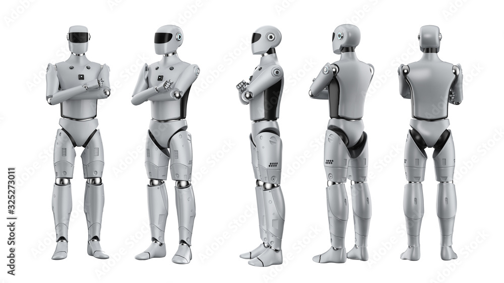 Poster set of artificial intelligence cyborgs or robots arm crossed