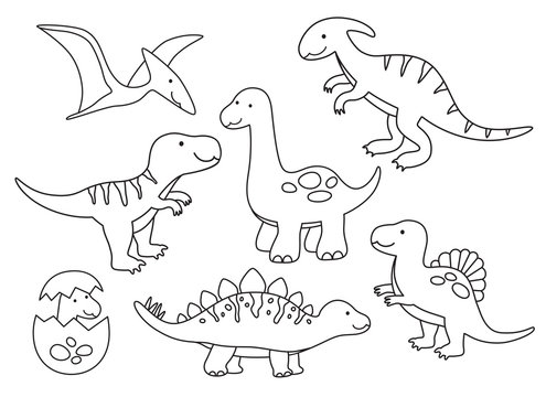 Vector illustration of black and white dinosaur outline drawing set.