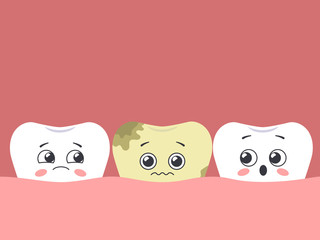 Obraz premium Cartoon sick tooth among healthy. Hawaiian teeth. Vector illustration