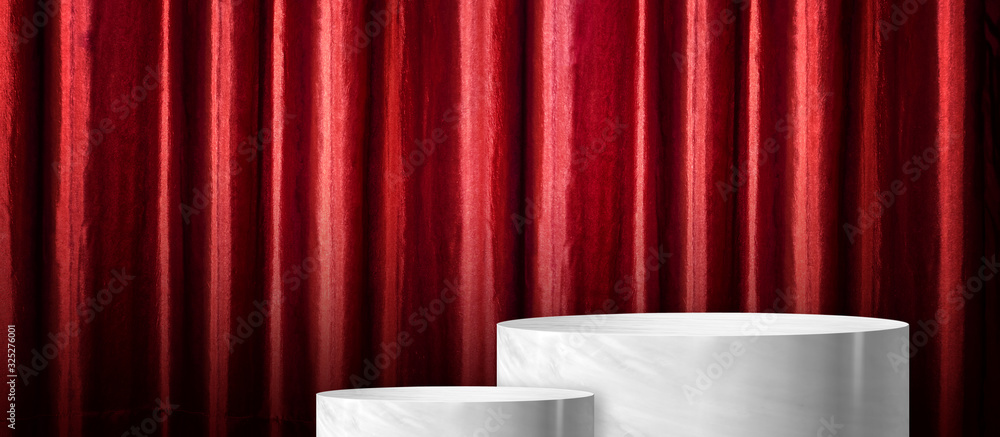 Aufkleber product display glossy white marble cylinder stand in two step with red curtain wall background.bann