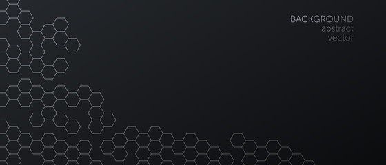 Vector abstract, geometric background, hexagonal shapes in metallic tint on a dark gradient background. For banner, printing design, place for text. Copyspace.