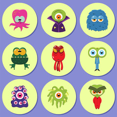 Monster cupcake toppers. Set of 9 cupcake toppers with illustrations of funny monsters in cartoon style. Vector 8 EPS.