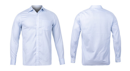 Business or formal blue shirt, front and back view mock-up isolated on white background with...