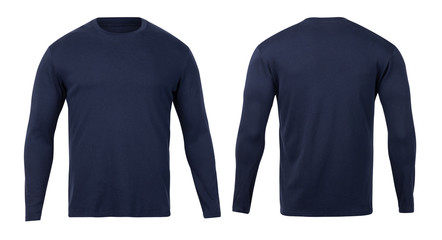 Navy long sleeve t-shirt front and back view mock-up isolated on white background with clipping...