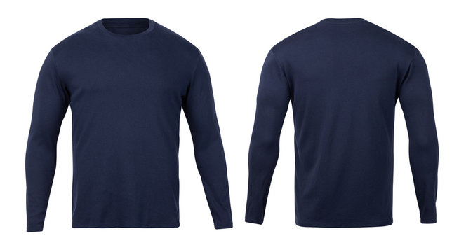 Navy long sleeve t-shirt front and back view mock-up isolated on white background with clipping path.