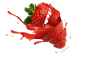 strawberry in juice splash isolated on white background