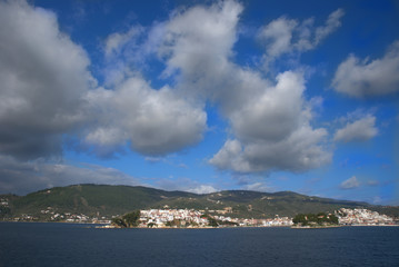 Skiathos island , the most famous island of Greece is one of the most famous Greek destinations in the whole world, here we see a view of the island from a ship. Famous for its beaches, one of the bes