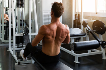 Naklejka na ściany i meble Muscular man doing exercise and pulling weights in seated cable row machine, Athlete makes exercise, Bodybuilder, Sport fitness and muscles concept