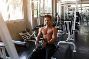 Handsome Muscular man doing exercise and pulling weights in seated cable row machine, Athlete makes...